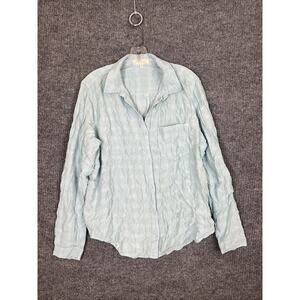 Side Stitch Women Long Sleeve Button Front Shirt Sz Medium Blue Crinkle Bohemian